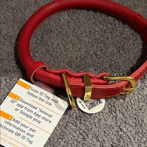 Red Leather Dog Collar with Gold Buckle with Activate QR ID tag